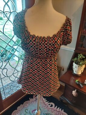 Studio M Red, Black & Cream Square-Neck Puff Sleeve Blouse